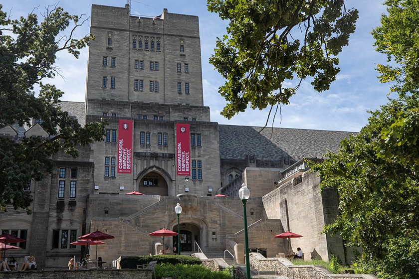 Banners hang in front of the Indiana Memorial Union.
